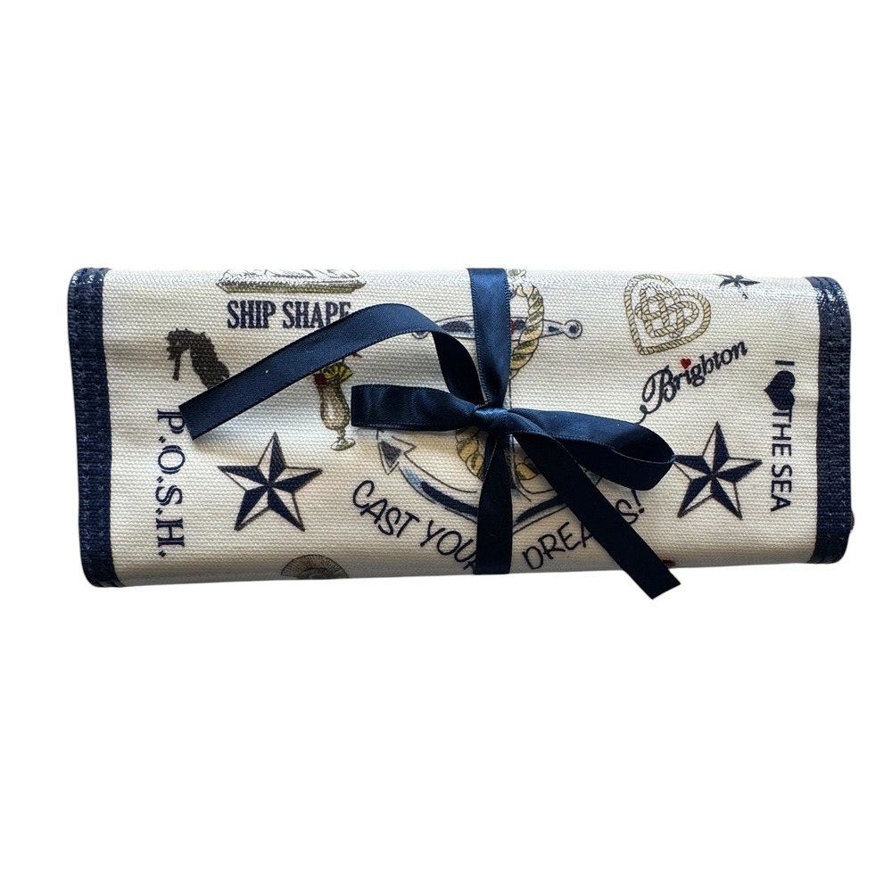 Brighton Nautical Jewelry Roll Organizer Navy Blue Velvet Travel Case Anchors